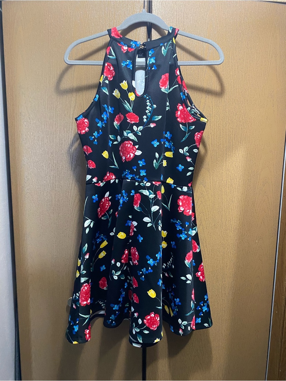 No Boundaries Black Floral Halter Dress with Red, Blue & Yellow Blooms